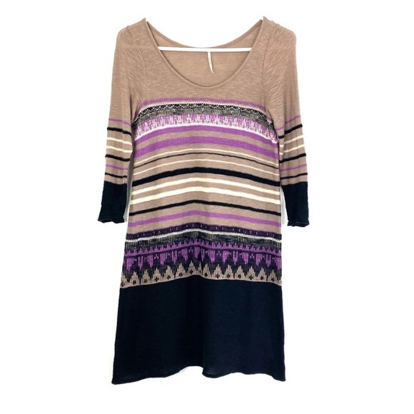 Free People Scoop Neck Knit Striped Boho Pullover Sweater Dress Womens Size XS
